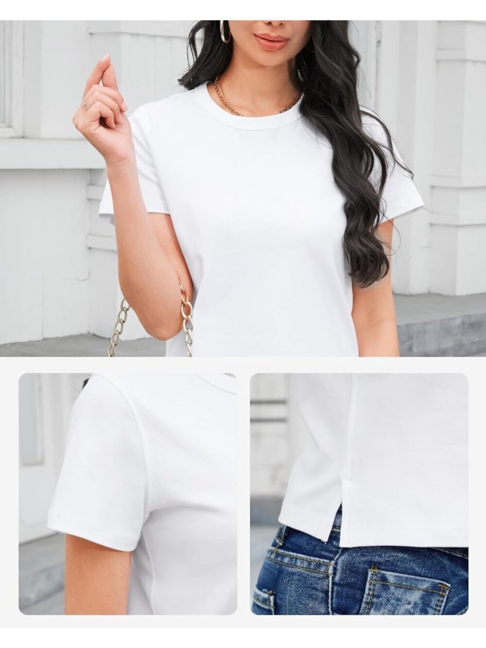 Women's White Cotton Crewneck Short Sleeve Basic Tees Summer Casual Crop Tops - Picture 5 of 6